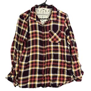 Womens Krazy Kat Brown Orange Plaid Long Sleeve Shirt Lace Back Detail Size‎ M